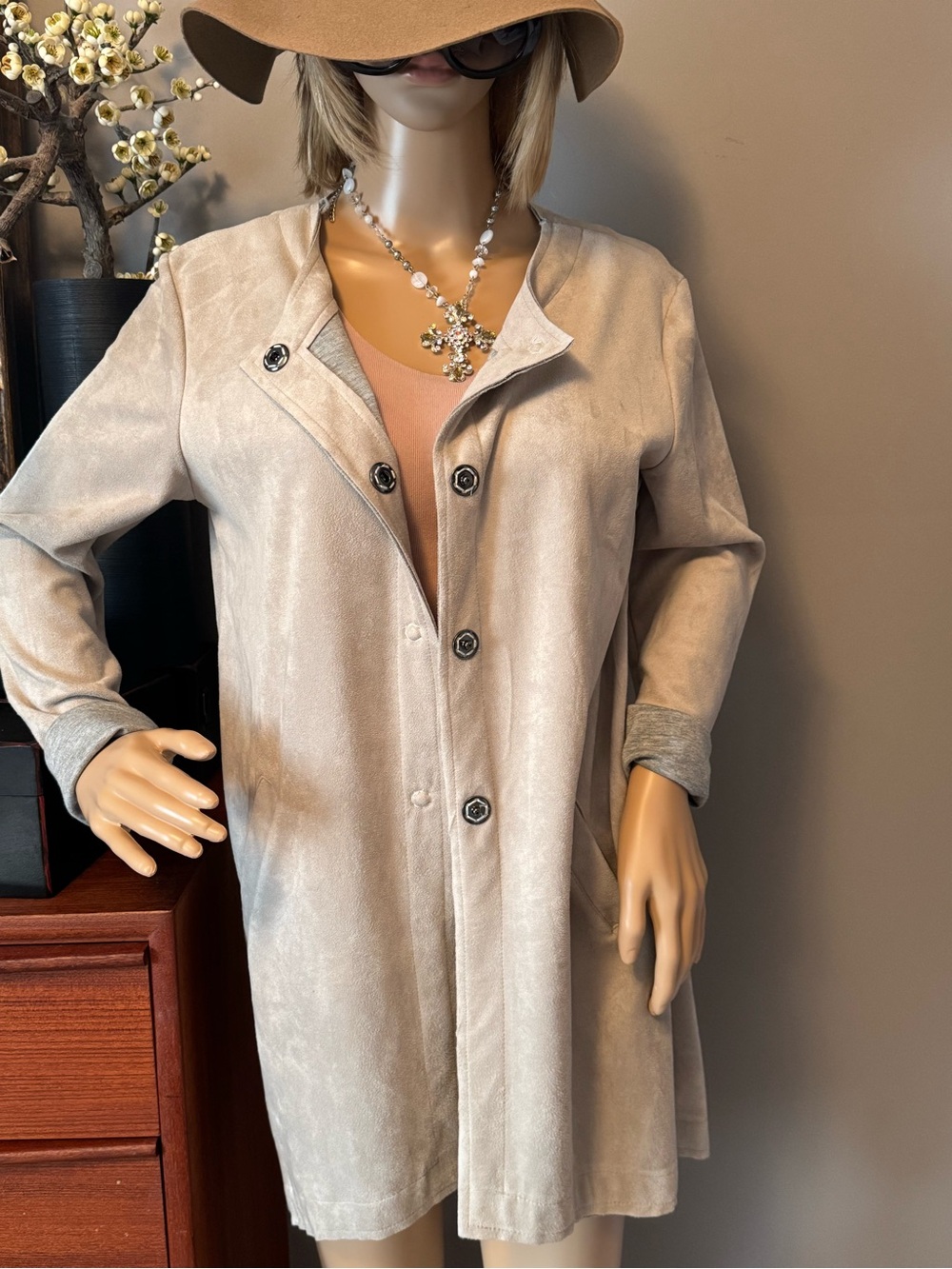 Italian Suede like Light Taupe Button-Front Trench Coat